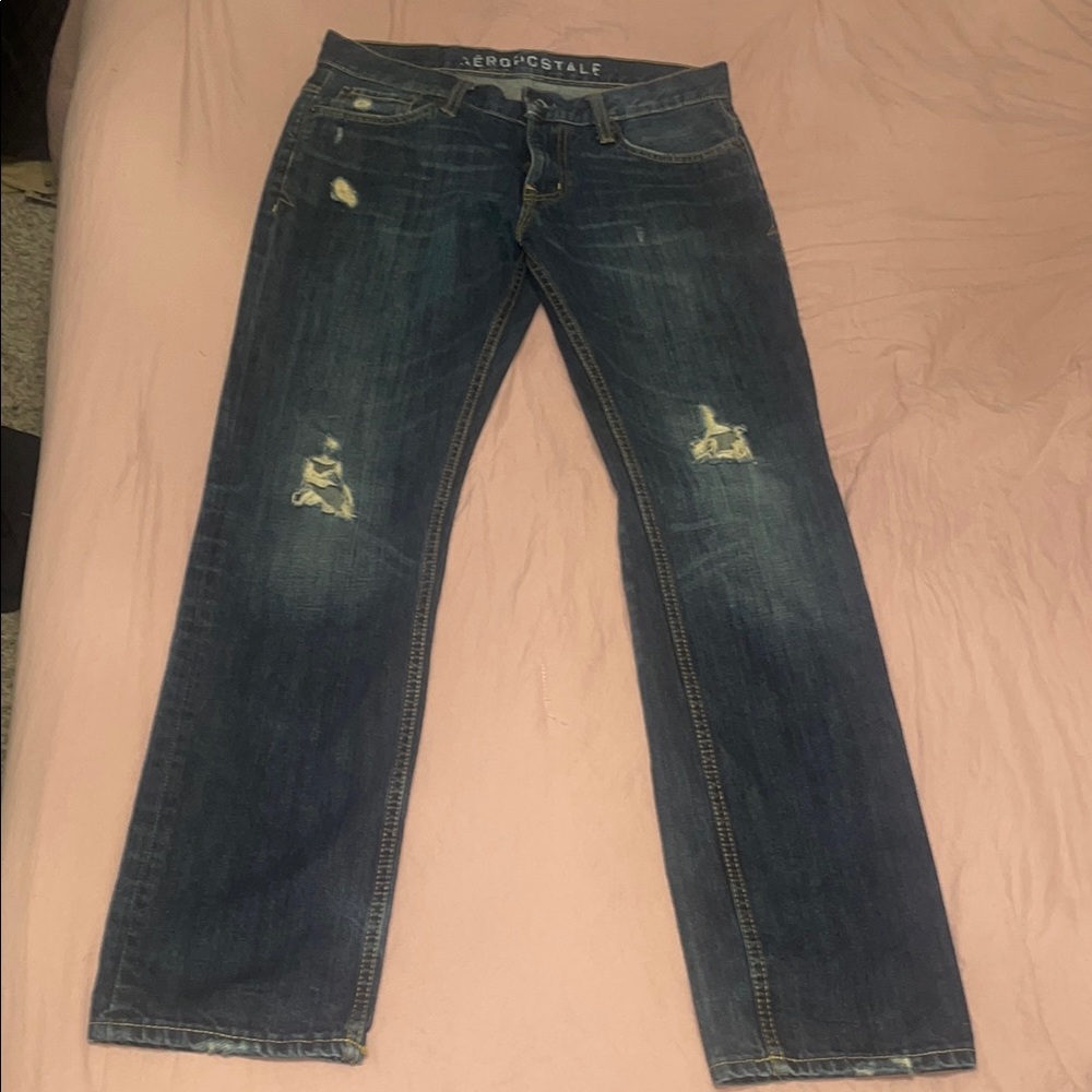 Aeropostale Blue Straight Jeans with Distressed Details